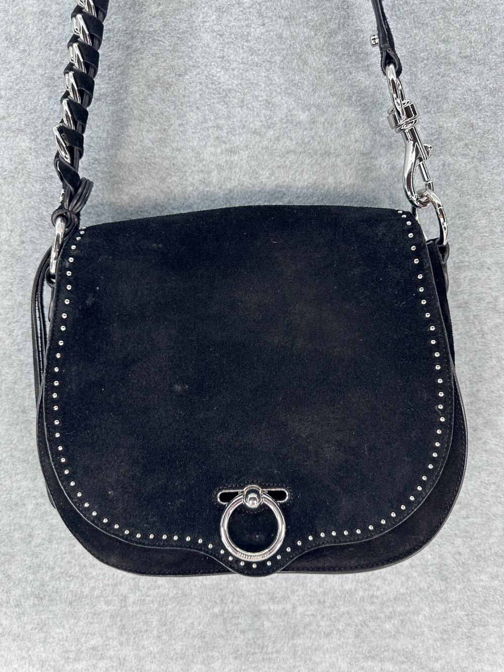 Rebecca Minkoff Large Jean Saddle Bag Black Suede BOHO Western Silver Accents
